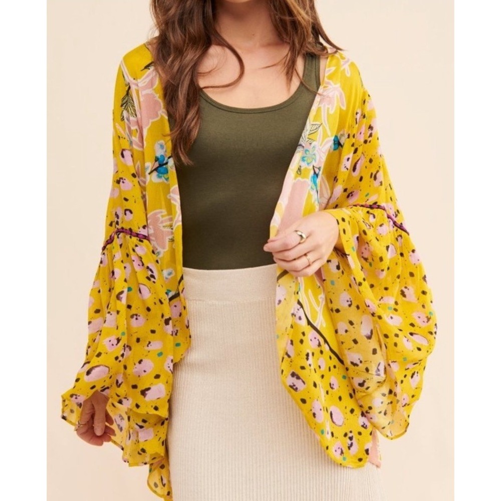 NWT Anthropologie Blank London Floral Romilly Kimono Yellow Boho Festival Hippie
